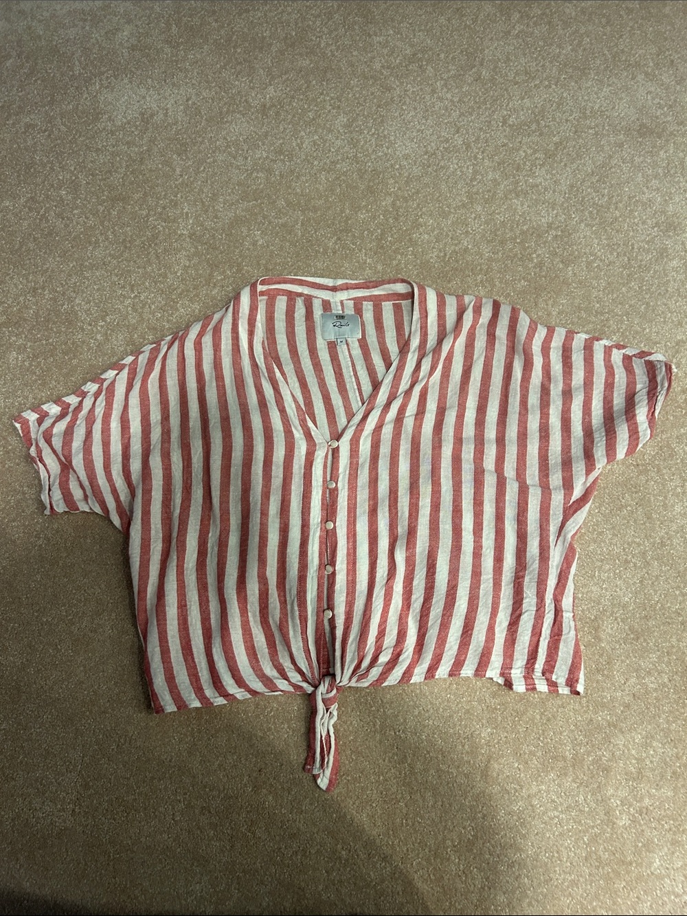 Rails Red & White Striped Button-Front Tie Hem Top